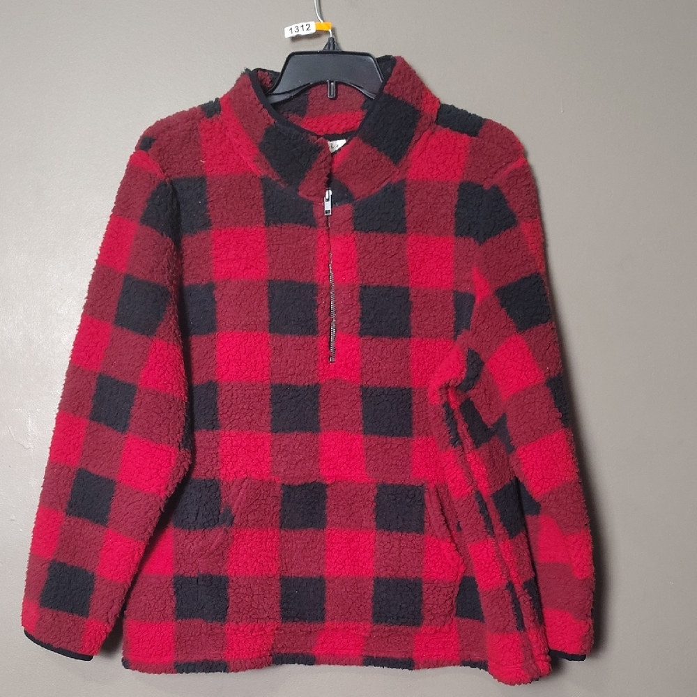 Style & Co Red/Black Plaid Fuzzy Pullover Jacket W Kangaroo Pocket Size XXL